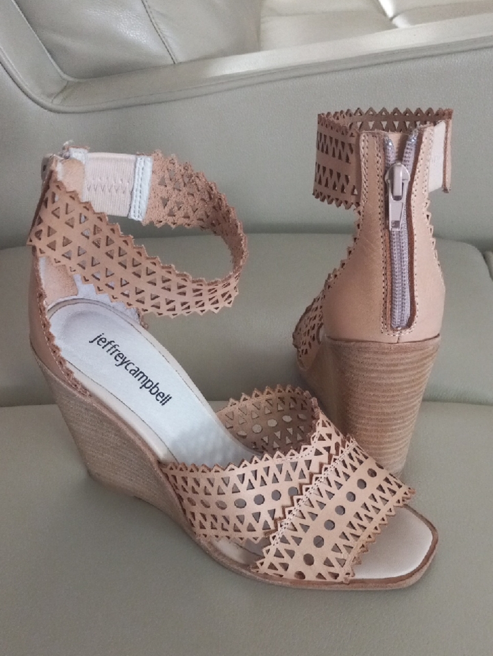 Jeffrey Campbell Nude Laser-Cut Ankle-Strap Wedge Sandals Size 7 - Picture 4 of 17